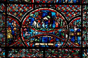 Vitrail représentant le Bon Samaritain et la Guilde des Tisserands - French School