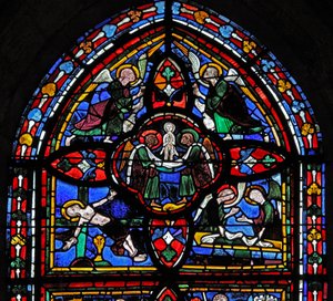 Fenêtre représentant la cinquième section de w7 : la mort de Saint Pierre : son âme monte au ciel