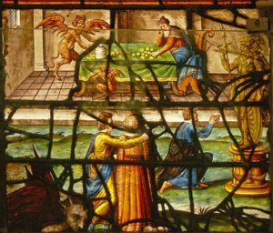 Fenêtre dans le Charnier représentant la Pâque, Pâques et les péchés (gambader et idolâtrie)
