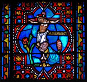 Fenêtre n1-L représentant une scène de la vie de Sainte Marie-Madeleine - la sainte au pied de la Croix - French School
