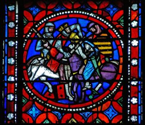 Fenêtre s1-R représentant une scène du voyage de Saint Bonnet à Rome ; le roi Aripert blesse mortellement un chevalier