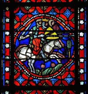 Fenêtre s1-R représentant une scène du voyage de Saint Bonnet à Rome : le roi Aripert de Pavie combat les barons