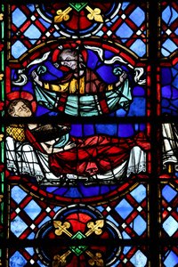 Fenêtre w04 représentant la Charité de Saint Martin : il divise son manteau et celui-ci est rendu par le Christ