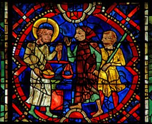 Fenêtre w107b représentant Saint Éloi pesant du métal