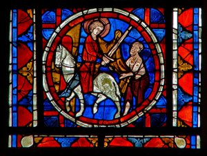 Fenêtre w109 représentant la Charité de Saint Martin : il divise son manteau