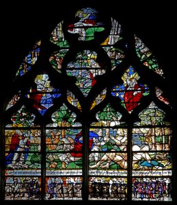 Fenêtre w120 représentant la Création et des membres de la Confrérie de Charité - French School