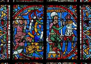 Fenêtre w125 représentant une scène de la vie de Sainte Catherine : Maxence ordonne de la briser sur la roue