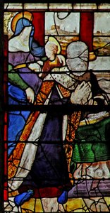 Vitrail w13 représentant Anne de Montmorency avec Sainte Anne enseignant la lecture à la Vierge