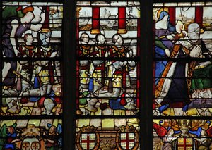 Vitrail w13 représentant Anne de Montmorency avec son saint patron Sainte Anne (enseignant la lecture à la Vierge) et 5 de ses fils - French School
