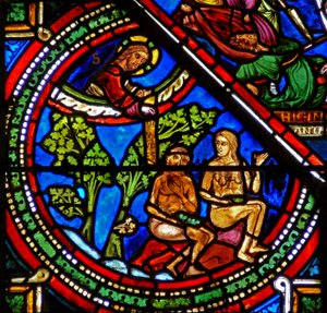 Fenêtre du Bon Samaritain : Adam et Ève couvrent leur nudité - French School