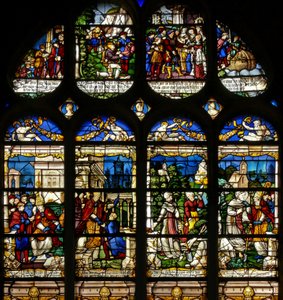 Fenêtre w19 représentant des scènes de la vie de Saint Fiacre - French School