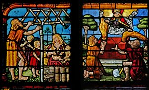 Adam construisant une maison et Ève élevant leurs enfants; Caïn et Abel font leurs offrandes au Seigneur - French School