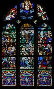 Fenêtre w20 représentant la fenêtre de Saint Jean-Baptiste : Baptême dans le Jourdain; prêchant et étant interrogé