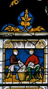 Fenêtre w25 représentant un drapier au travail dans la fenêtre des Drapiers - French School