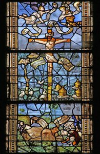 Christ en croix entouré de scènes champêtres inspirées de Virgile. Fenêtre offerte par Thomas Mangin - French School