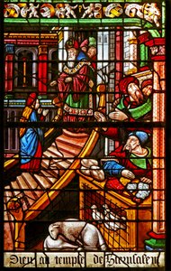 Fenêtre w38 représentant une scène de la vie de la Vierge Marie : sa Présentation au Temple