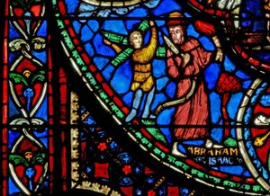 Vitrail w3 représentant Abraham sur le point de sacrifier Isaac - French School