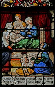 Fenêtre w3 représentant la naissance de Saint Nicolas - French School