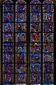 Fenêtre w53 représentant des scènes de la vie de Sainte Catherine, Saint Nicolas, Saint Jean-Baptiste, Saint Étienne - French School