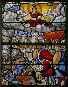 Fenêtre w5 représentant une scène du Livre de la Révélation de Saint Jean : les armées de la terre font des ravages ; la mer rend ses morts - French School