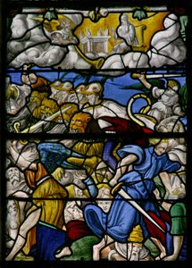 Fenêtre w5 représentant une scène de la Révélation de Saint Jean : des chevaux avec des têtes de lions, de la fumée et du soufre sortant de leurs bouches