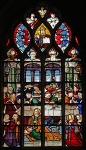 Fenêtre w5 représentant les événements à la maison de Simon : Marie-Madeleine lave les pieds du Christ - French School