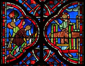 Les arbres de la forêt sont abattus avec une hache (L) Is X 33-34. Le Christ avec le pressoir (R) Is LXIII 1-6 - French School