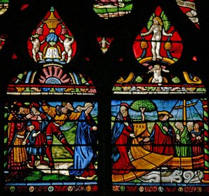 Fenêtre w6 représentant une scène de la vie de Sainte Marie-Madeleine - elle embarque sur un bateau - French School