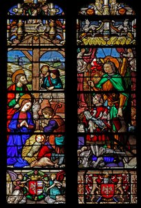 Fenêtre w6 représentant la Nativité avec les bergers; les donateurs regardent