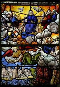 Fenêtre w7 représentant une scène du Livre de la Révélation de Saint Jean : le Trône dans le Ciel : les quatre Bêtes Sacrées
