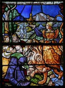 Fenêtre w7 représentant une scène du Livre de la Révélation de Saint Jean : la femme sur la bête à 7 têtes