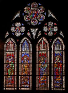 Fenêtre w9 représentant les empereurs romains : Charles Martel, Charlemagne, Pépin le Bref, Louis le Pieux