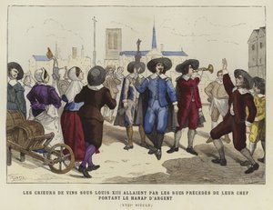 Marchands de vin passant dans les rues derrière leur chef, portant le gobelet d