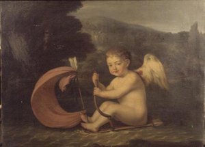 Cupidon ailé, naviguant sur un bateau avec une coque en carquois et un mât en flèche, vers 1800
