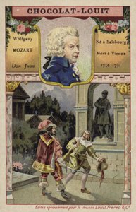 Wolfgang Amadeus Mozart, compositeur autrichien, et une scène de son opéra Don Juan (chromolitho)