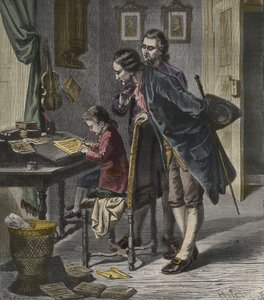 Wolfgang Amadeus Mozart écrivant un concerto en présence de son père, Leopold, illustration de 