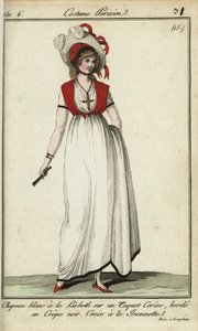 Femme avec chapeau Lisbeth à la mode de 1798 (gravure sur cuivre coloriée à la main) - French School