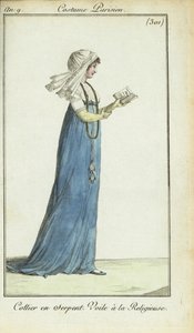 Femme en voile de nonne lisant un magazine de mode - French School