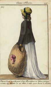 Femme en chapeau de paille et manteau noir - French School