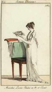 Femme regardant un portfolio de gravures - French School