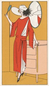 Femme portant une robe en crêpe rouge et un chapeau blanc dans les années 1920 (lithographie couleur)