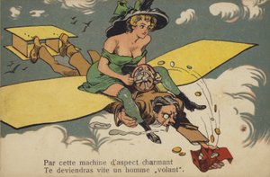 Femme au buste semi-exposé chevauchant un homme/avion (lithographie couleur)