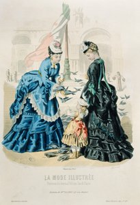 Femmes et un enfant nourrissant les pigeons, de La Mode Illustrée, 1872 - French School