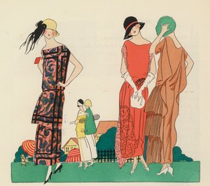 Modèles de robes pour femmes des années 1920 par Premet et Christoph Drecoll. (lithographie couleur)