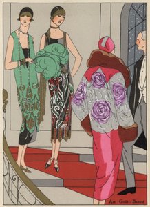 Vêtements de soirée pour femmes des années 1920 des créateurs Edward Molyneux et Martial et Amand (lithographie en couleur)