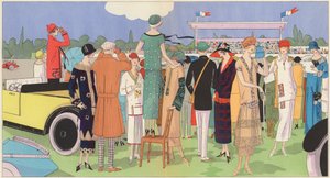 La mode féminine aux courses des créateurs Jeanne Lanvin, Jean Patou, Premet, Georges Doeuillet (litho couleur) - French School