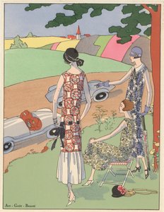 La mode féminine des années 1920 : regarder les courses de voitures de sport (lithographie couleur)