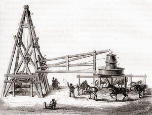 Travailleurs utilisant le carrousel et le treuil pour forer les puits artésiens à Grenelle, France au 19ème siècle, de 