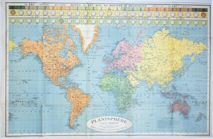 Carte du monde des différents fuseaux horaires, publiée par Blondel La Rougery à Paris vers 1920