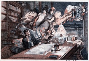 Écrivain à sa table de travail inspiré par des femmes nues et des angelots - dans « Menus-propos d